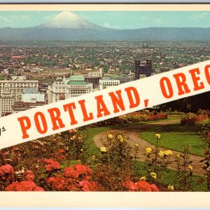 1959 Portland OR Greetings from World Port City Roses Birds Eye Downtown PC A238
