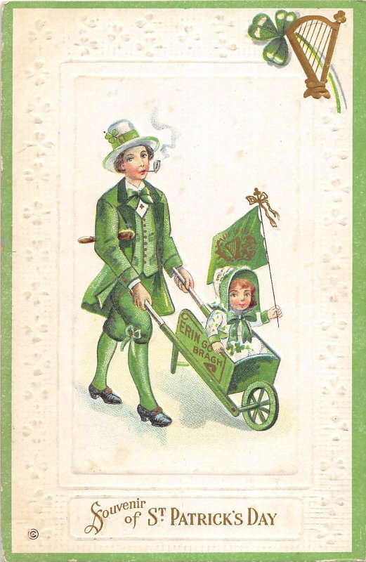 G36/ St Patrick's Day Holiday Postcard c1910 Pipe Man Wheelbarrowe Girl Flag 6