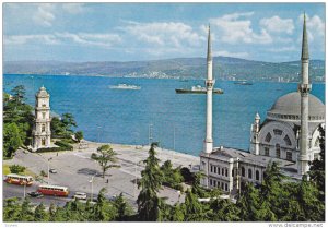 ISTANBUL, Turkey, 1950-1970's; Dolmabahce Mosque and Bosphorus, Ship