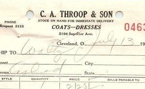 1937 C.A. THROOP & SON COATS-DRESSES CLEVELAND OHIO BILLHEAD STATEMENT Z1349