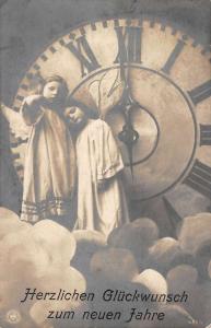 New Years Greeting Angels Clock Real Photo Antique Postcard K71958