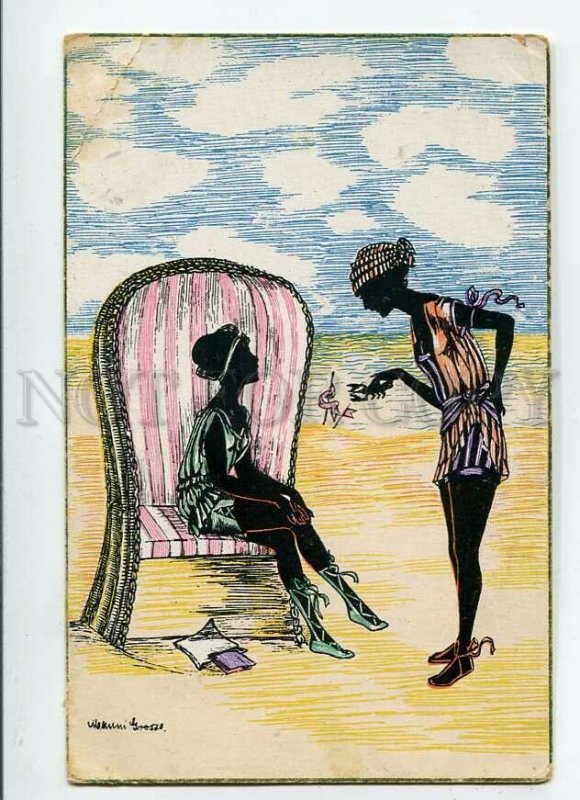 3150344 ART DECO Silhouette Belle on Beach by GROSZE vintage PC