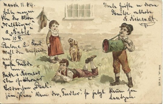 Children Playing Musical Instruments Outside on Grassy Lawn over 100 Years Old