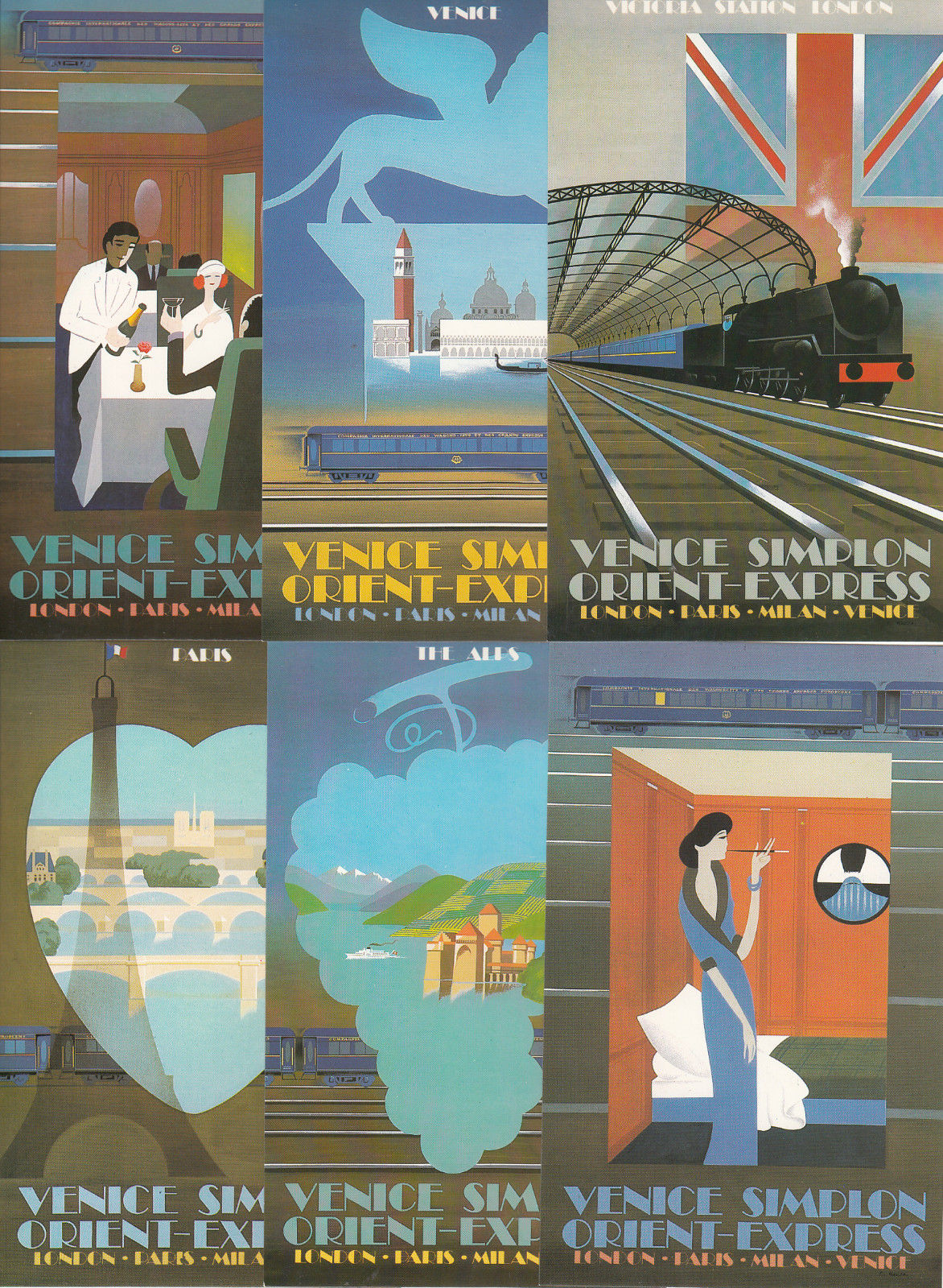 Venice Simplon ORIENT-EXPRESS Pierre Fix-Masseau Art Deco style postcards  set | Topics - Transportation - Railway, Postcard / HipPostcard