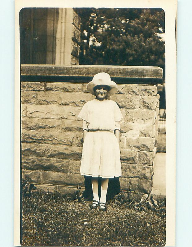 Pre-1918 rppc fashion GIRL IN FLOPPY HAT BY STONE WALL Bowling Green OH v5231