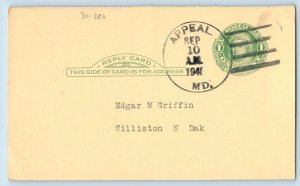 DPO Appeal Maryland MD Postcard Edgar M Griffin Williston North Dakota ND 1942