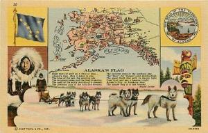 AK, Alaska, Flag, Dog Team, Map, Seal, Curteich No. 2B-H310