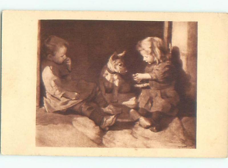 foreign 1937 Postcard signed GIRL FEEDING CUTE DOG AC3836