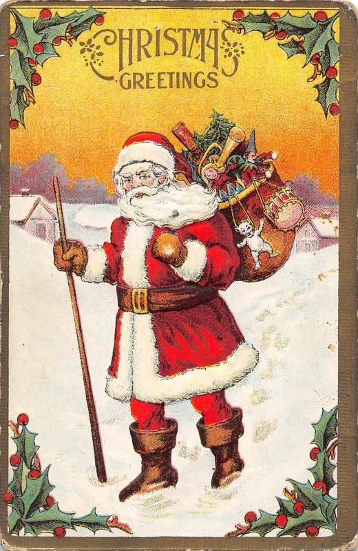 Santa Bag of Toys Merry Christmas 1910c postcard