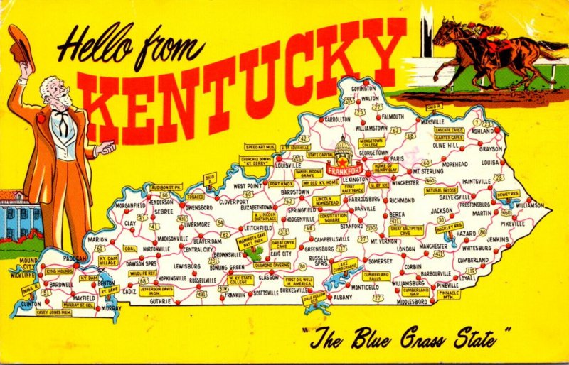 Kentucky Greetings Hello From The Blue Grass State With Map 1994