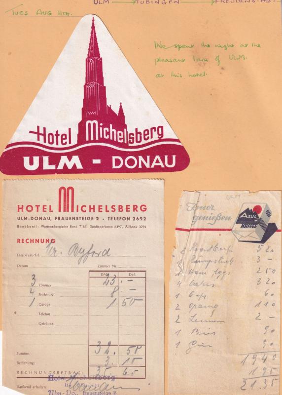 Hotel Michelsberg Ulm Donau Coffee 3x 1950s Receipt s