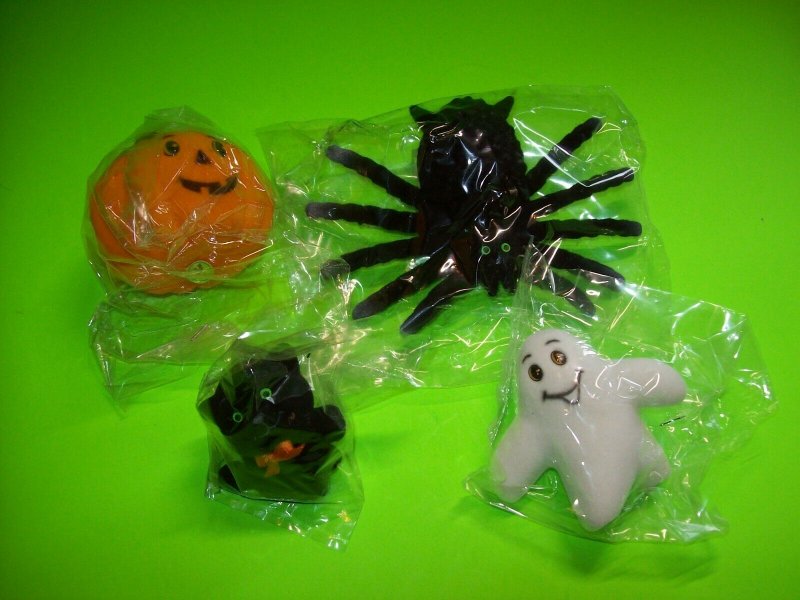 Vintage Halloween Flocked Toys Black Widow Spider Cat Ghost NOS 1960s Hong Kong