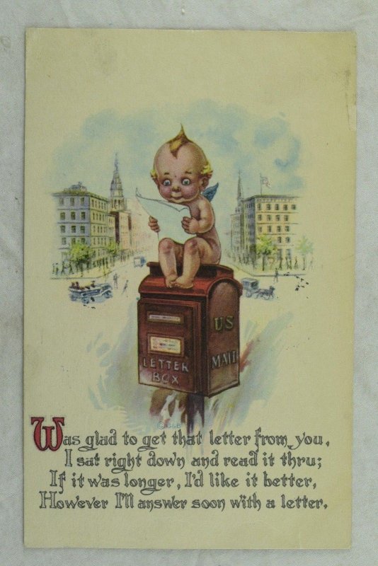 C. 1910 Kewpie, Cherub on Mailbox Vintage Postcard P49