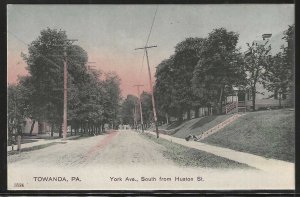 York Ave., South from Huston St., Towanda, PA., Early Hand Colored Postcard