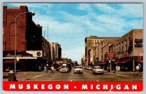 Western Avenue, Muskegon Michigan, Vintage 1957 Postcard, Old Cars, Walgreens