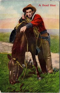 VINTAGE POSTCARD A DEAD SHOT COWBOY WITH HORSE SMALL TOWN VICTOR MONTANA 1910