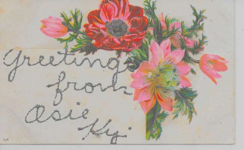 Osie Kentucky Greetings From flowers glittered antique pc Z18218