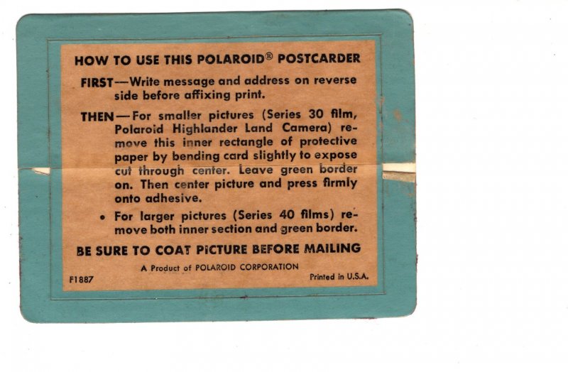 Postcard for Use with Polaroid Land Camera to Make Homemade Real Photos