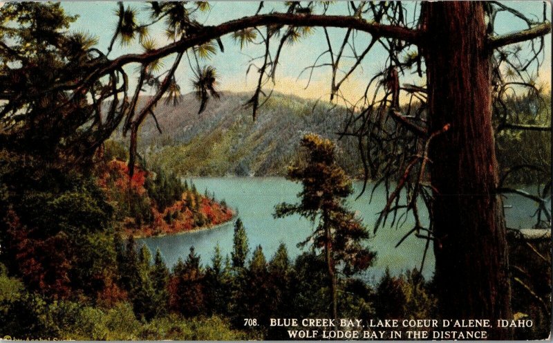 Blue Creek Bay, Lake Coeur D'Alene ID Wolf Lodge Bay Vintage Postcard C50