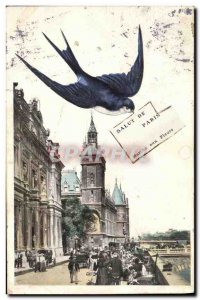 Old postcard Hi from Paris march to Swallow flowers