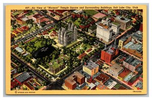 Vintage 1940's Postcard Aerial View Mormon Temple Square Salt Lake City Utah