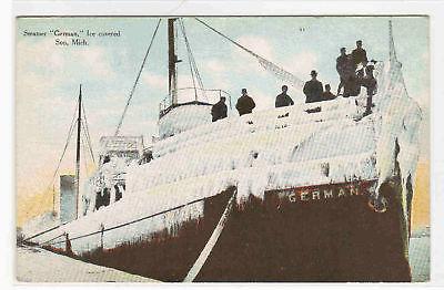 Steamer German Ice Covered Great Lakes Freighter Soo Michigan 1910c postcard