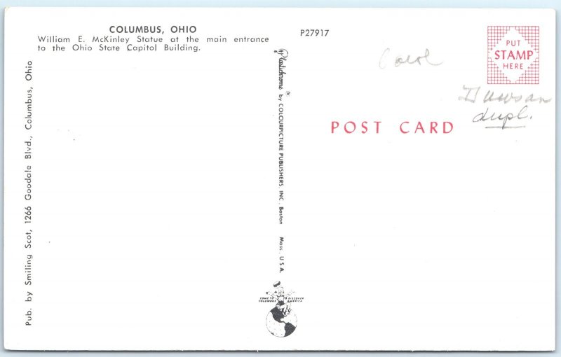 c1950s Columbus, OH Willaim E. McKinley Statue Ohio State Capitol Chrome PC A302