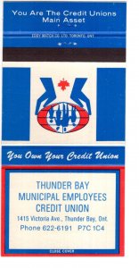 Municipal Employees Credit Union Thunder Bay, Ontario Vintage Matchbook Cover