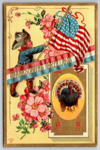 Patriotic Thanksgiving~Cavalry Boy w/Flag~Turkey Inset~Gold~Emb~c1910 P Sander