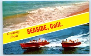 Greetings From SEASIDE, CA ~ SPEEDBOATS ~ Monterey County c1960s Banner Postcard