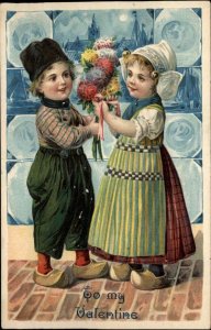 Valentine Dutch Boy and Girl with Flowers c1910 Vintage Postcard