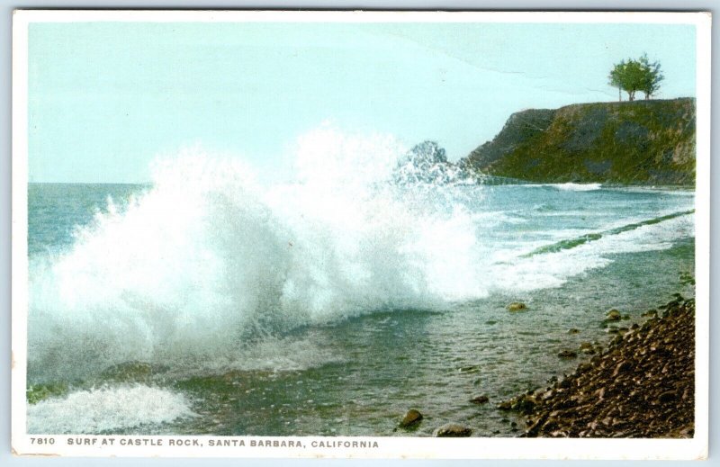 c1910s Santa Barbara CA Surf Castle Rock PC Sharp Color Litho Wave Phostint A275