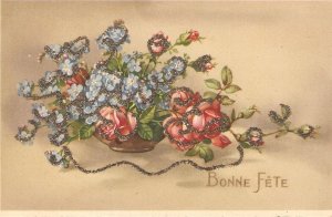 Flowers bouquet in basket Vintage Belgian Postcard,  shiny surface