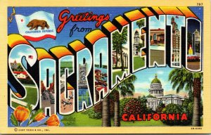 Vtg 1940s Greetings from Sacramento California CA Large Letter Linen Postcard