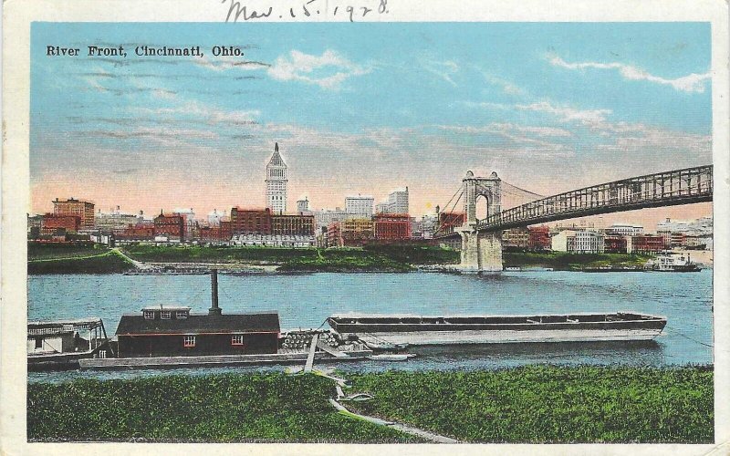 Postcard, posted 1927, River Front, Cincinnati, Ohio, white border 