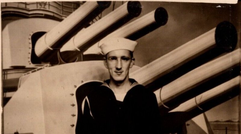 RPPC U.S. Navy Sailor in Front of Gun Turret in Studio Props WWII Real Photo UNP 