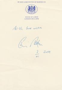 Chris Patten Signed House Of Lords Paper Autograph