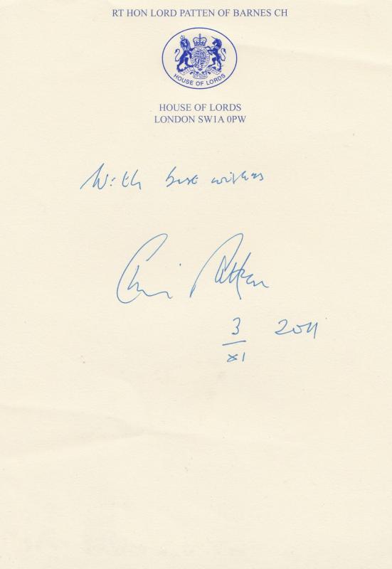 Chris Patten Signed House Of Lords Paper Autograph