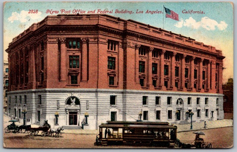 Los Angeles California 1913 Postcard New Federal Building Post Office Streetcar