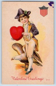 Rubicon Wisconsin WI Postcard Valentine Greetings Little Boy With Heart Eagle