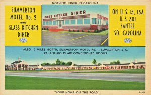 Santee SC  Glass Kitchen Diner & Summerton Motel Linen Postcard