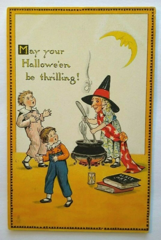 Tucks Halloween Postcard Witch Cauldron Black Arts Crescent Moon 190 Unused 