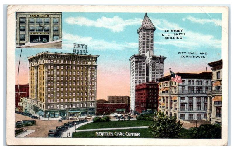 Early 1900s Civic Center, Frye Hotel, L.C. Smith Building, Seattle, WA Postcard