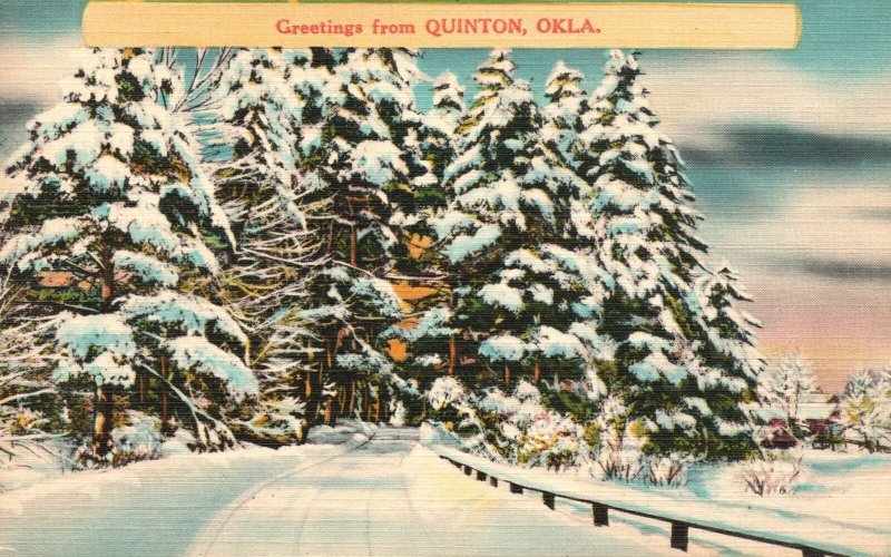 Vintage Postcard Greetings From Quinton Oklahoma Landscape Snow Scene