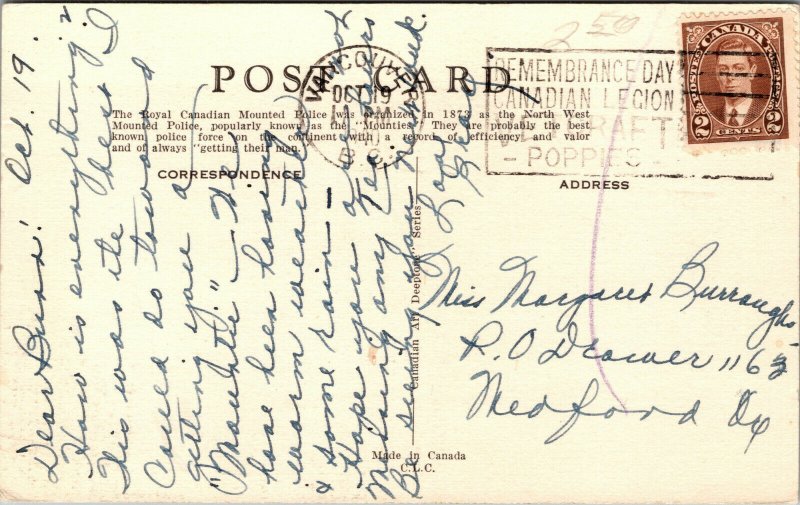 Vtg 1940 Royal Canadian Mounted Police Canada Linen Postcard