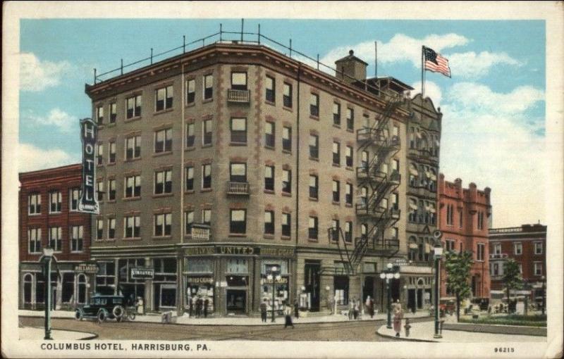 Harrisburg PA Columbus Hotel c1920s Postcard Signs in Windwos