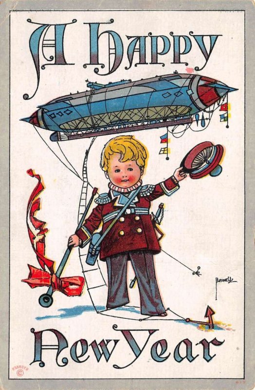 New Year Greetings Boy with Dirigible Airship Artist Signed Postcard AA74532