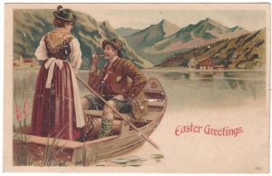 Easter Greetings - Couple In Rowboat - Vintage Multilingual Back Postcard