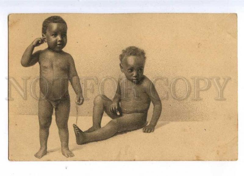 187891 German Colony NUDE Black Native CHILDREN Vintage LITHO2