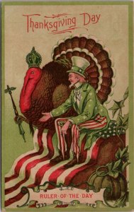 Thanksgiving Greeting Uncle Sam Large Turkey on Throne American Flag Postcard Y6